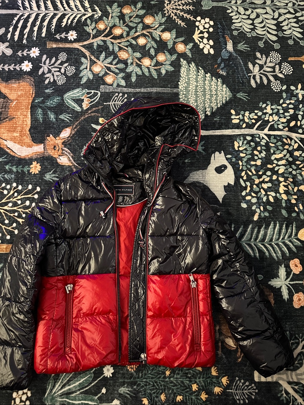 Tommy Hilfiger Black and Red Puffer Jacket with Hood
